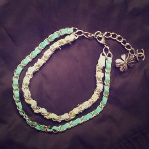 Chanel Green Tweed, Leather and Silver Necklace